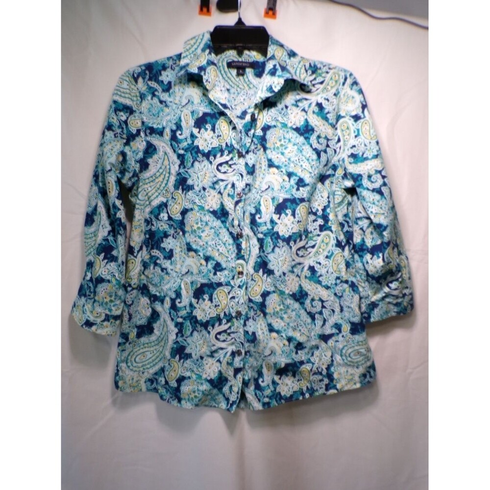 Lands' End Women's Paisley Button Up Blouse Long Sleeve Blue Size 6